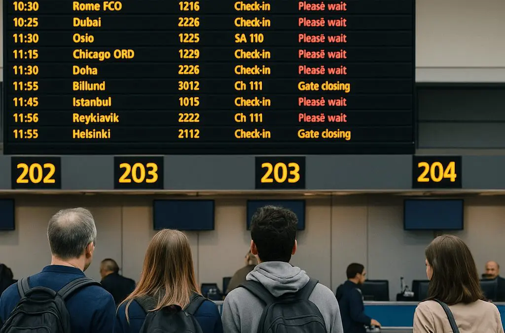 Travellers looking at a digital departures board in an airport terminal, symbolising delays and disruptions caused by a ransomware cyber attack