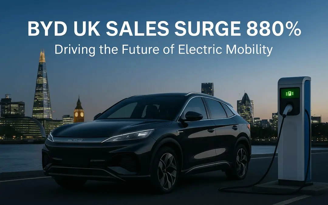 A sleek BYD electric SUV charging at a station in London with the skyline in the background, highlighting the rise of UK electric vehicle sales and green mobility.